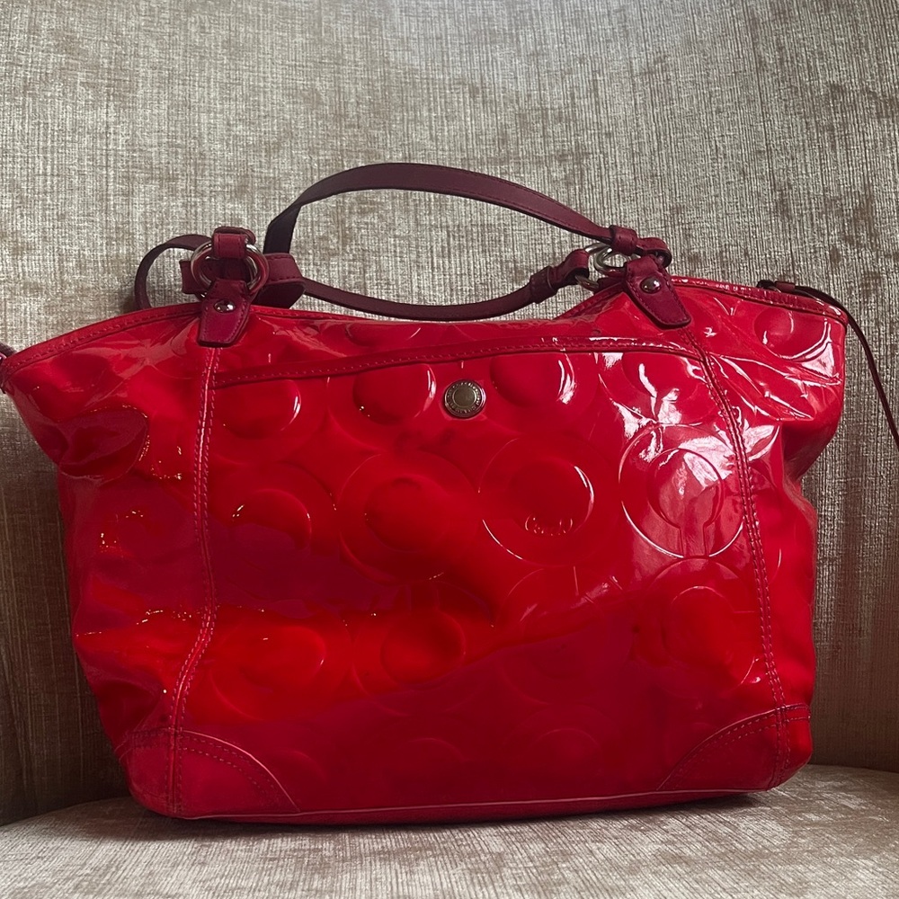 Red Patent Coach Leather Tote Bag